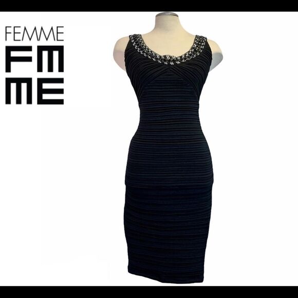 Femme Black Beaded Embellished neckline dress Sz 6 - Picture 10 of 10